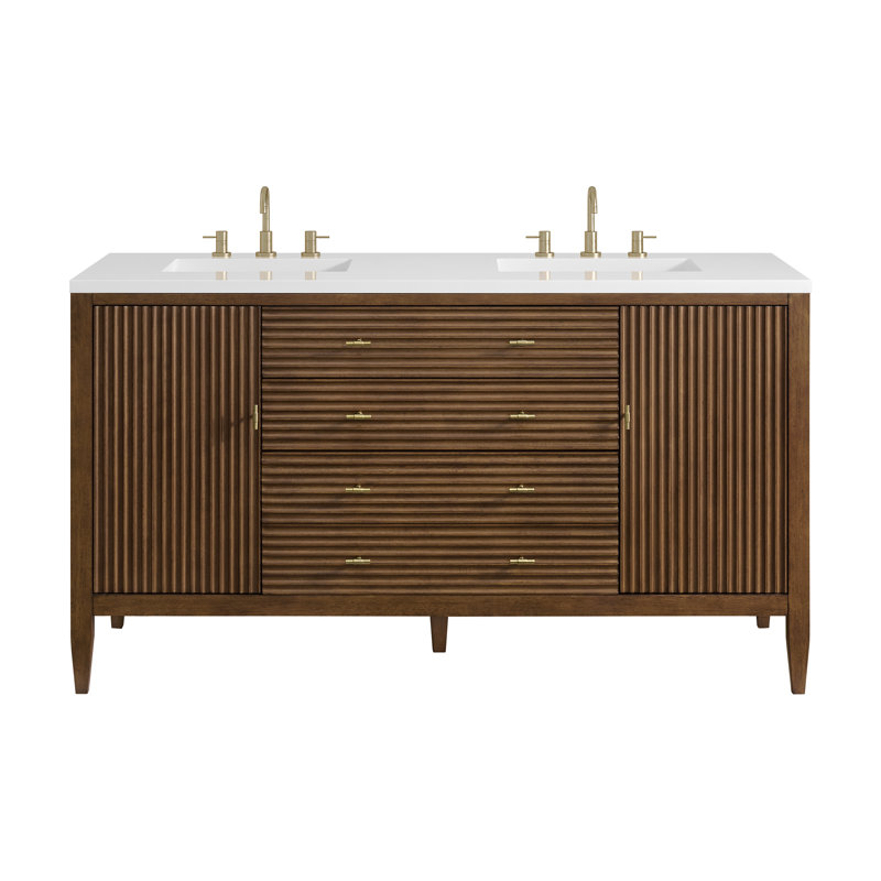 Myrrin 60'' W Double Vanity, Mid-Century Walnut, White Zeus, 8" Widespread