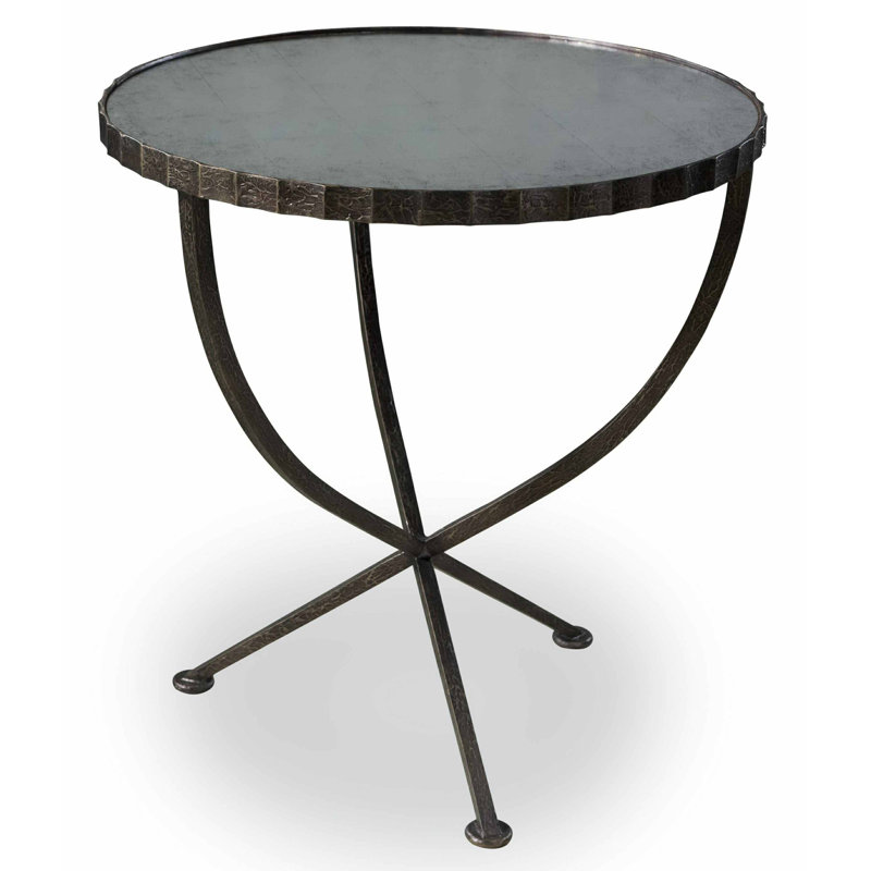 Antique Mirrored Glass Top Steel End Table, 26"