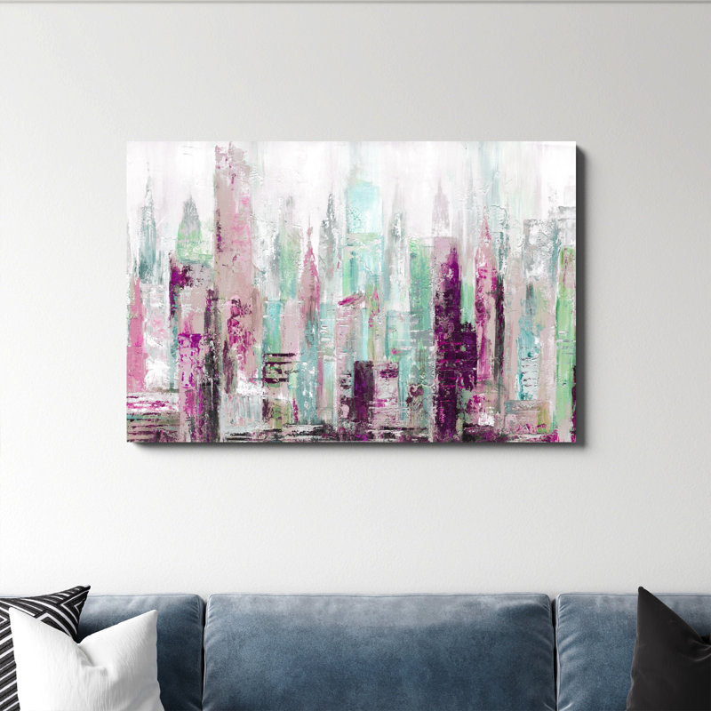 Reproduction de paysage urbain abstrait rose sur toile, H 32 po x l 48 po, Imprimé à cadre argenté, Non