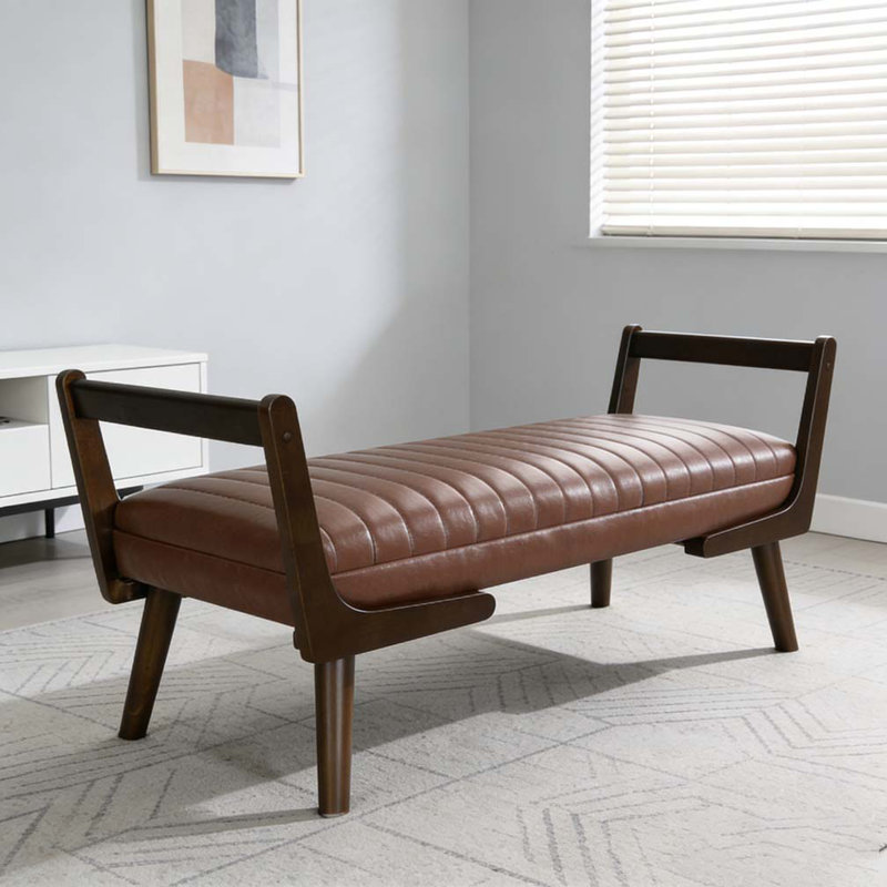 52" Mid Century Bench with Walnut Wood Leg, Cognac