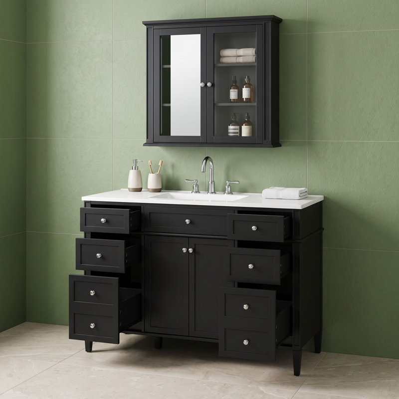 Meuble-lavabo autoportant avec lavabo intégré, 6 tiroirs et 2 portes à fermeture en douceur, Black