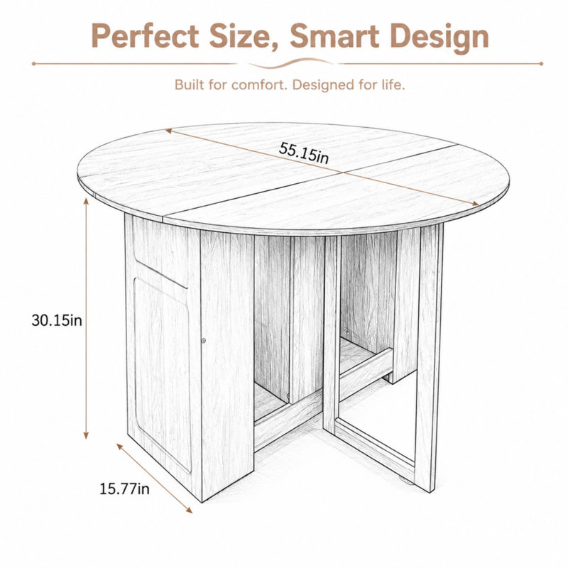 Table de salle à manger pliante extensible ronde de 140 cm (55 pouces) avec rallonges rabattables, table pliante multifonctionnelle moderne idéale pour les petits espaces et les appartements.