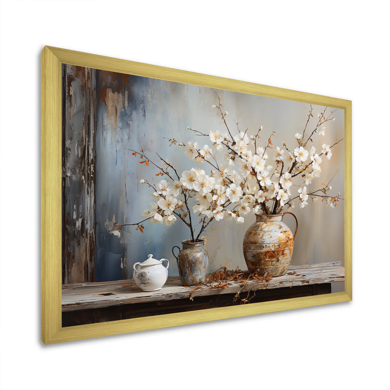 Art mural, poterie et fleurs, H 34 po x l 44 po x P 1,5 po, Cadre doré simple