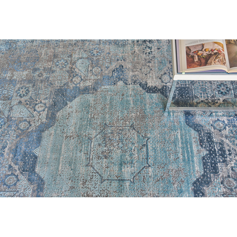 Ivory and Blue Viscose Rectangular Fringed Area Rug