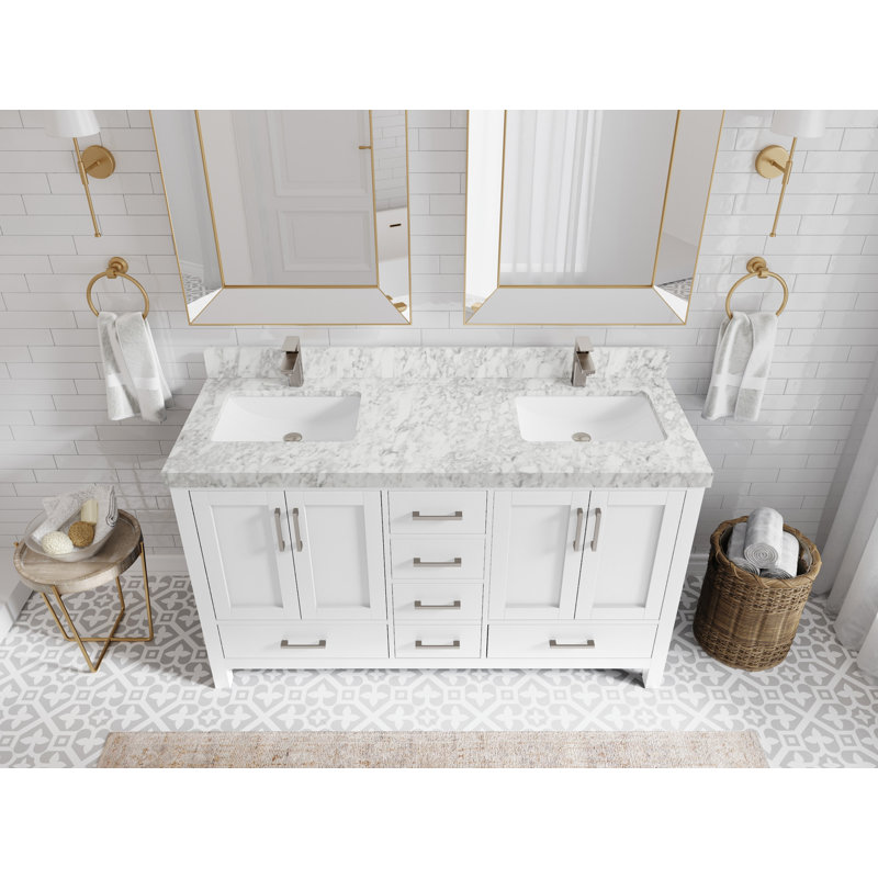 Ensemble de meuble-lavabo double 60 po Malibu, Marbre de Carrare