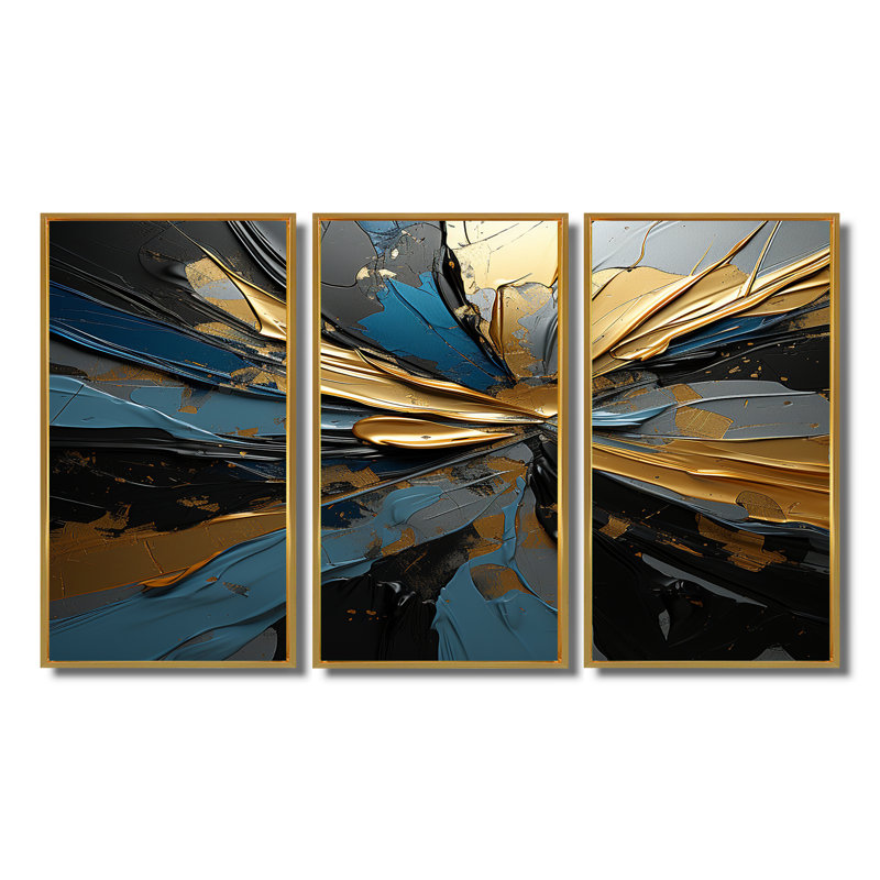 «Abstract Waves Blue Gold Outburst», ensemble de décorations murales abstraites, Cadre flottant doré