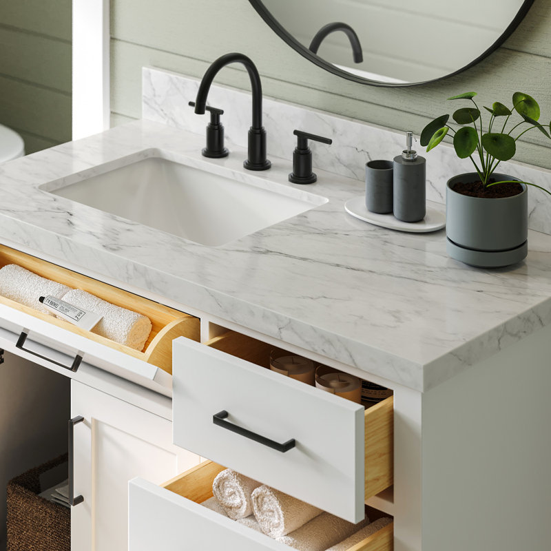 Tidworth 42'' Solid Wood Single Bathroom Vanity with 1.5'' Carrara Marble Top, Left, Rectangular, White