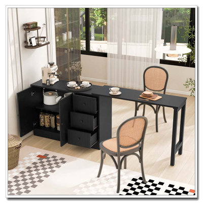 89.7" Wooden Sideboard with Extendable Dining Table and Storage