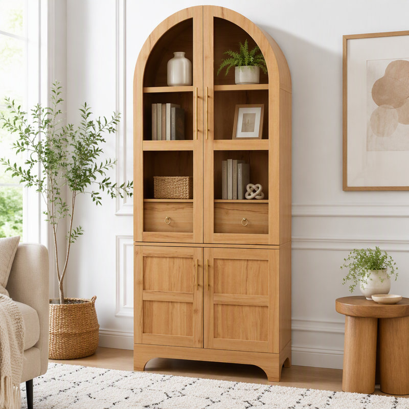 71 grands garde-manger arqués avec portes en verre et charnières à fermeture en douceur, Naturel