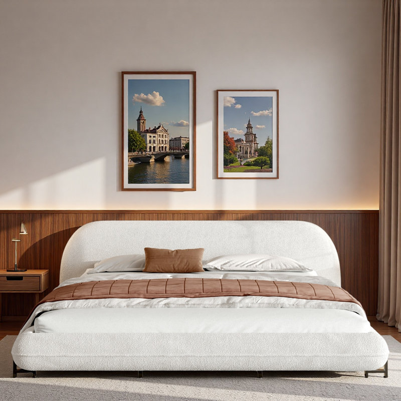 Lit plateforme tapissier avec tissu bouclé, Très grand