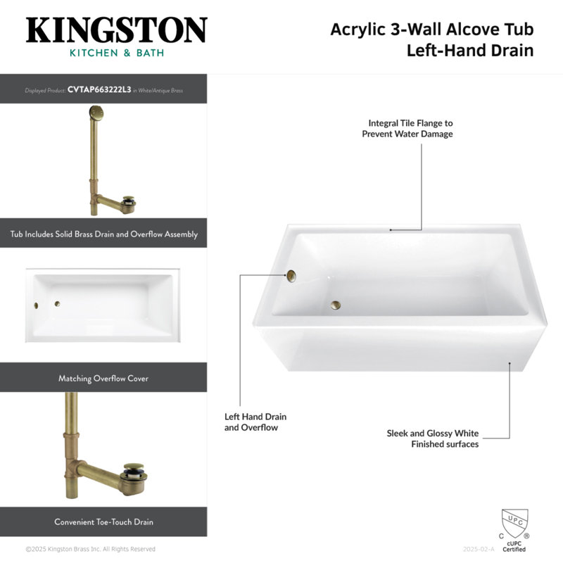 Kingston Brass Aqua Eden 66-Inch Acrylic Rectangular 3-Wall Alcove Tub, Left, Matte Black