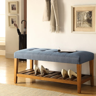 Banc bleu avec cadre en bois de chêne composite et tablette gracieuse