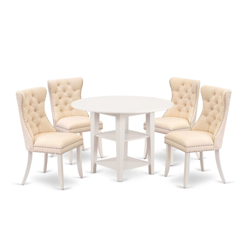0AB1314A5BF24B68BEDB0253F3FA1715 Ensemble de salle à manger 5 pièces comprenant une table de cuisine ronde avec Dropleaf et tablettes et 4 chaises rembourrées, lin blanc