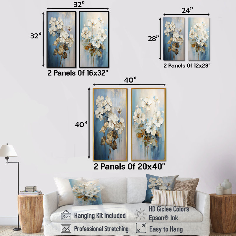 Minimalisme bleu et blanc géraniums - ensemble de 2 géraniums, H 28 po x l 25 po, Toile tendue