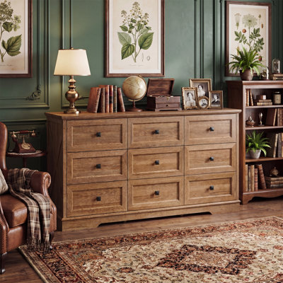 9 Drawer Dresser for Bedroom, Wide 59" Farmhouse Storage Cabinet, Wooden Double Dresser with Deep Drawers, Organizer for Family Use