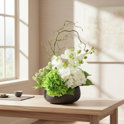 Organic Modern Arrangement with Orchids and Hydrangeas