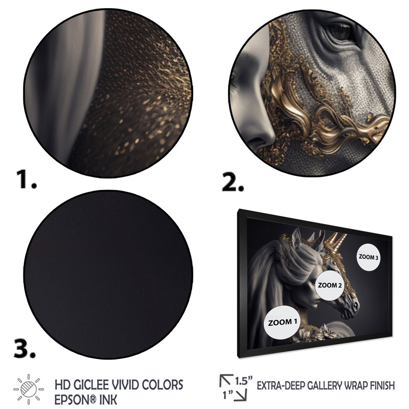 Glamourous Unicorn II - reproduction sur toile, H 24 po x l 32 po x P 1 po, Impression noire sur toile encadrée