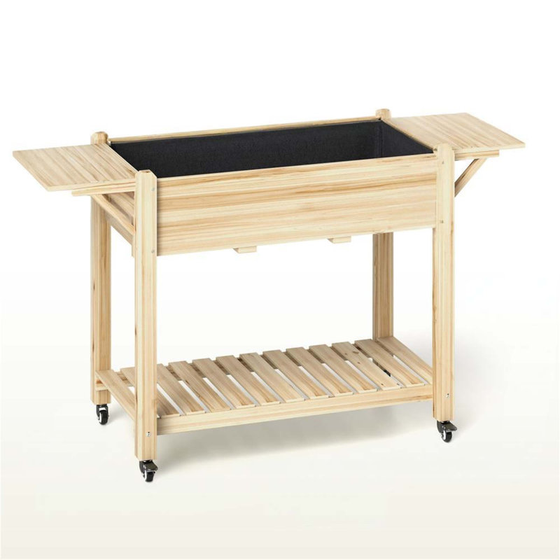 Optimal Elevated Garden Bed,Wood Raised Planter Box,With Lockable Wheels,Side Tables,Bottom Shelf,Drain Holes, Natural Wood