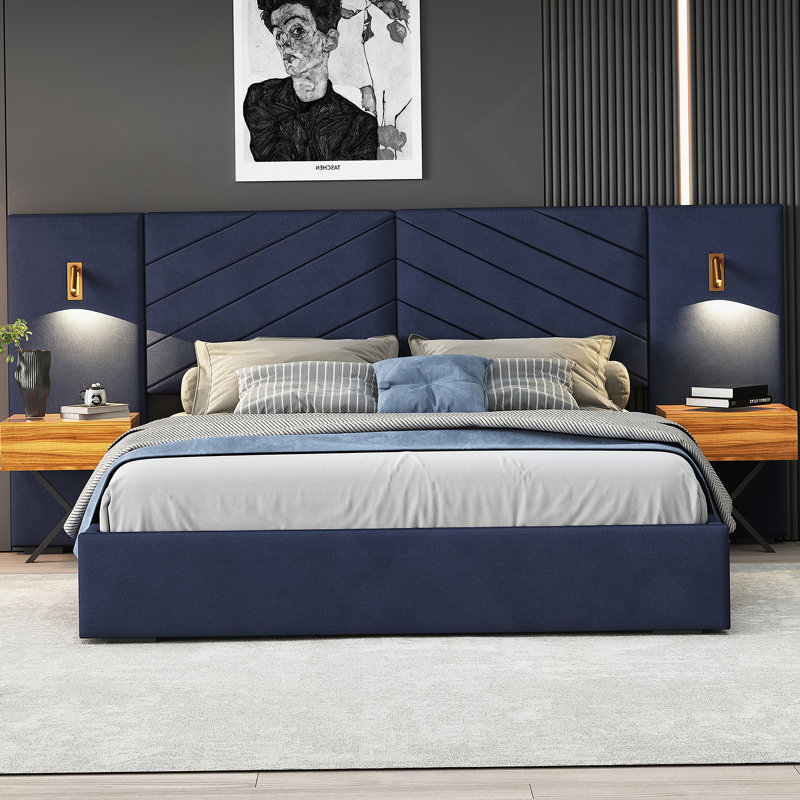 King Size Velvet Bed Frame Channel Tufted Wingback Headboard Platform Bed/Strong Wooden Slats