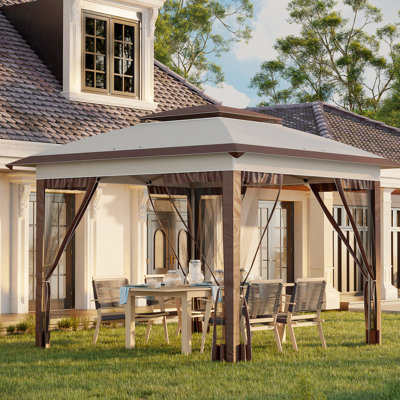 Height Adjustable Outdoor Canopy With Mesh Netting And Drainage 12' X Pop Up For Entertainment - Carry Bag Beige Brown