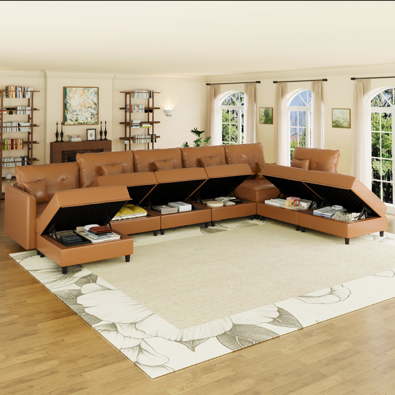 Tomario Upholstered L-Shaped Sectional Reversible, Brown Faux Leather