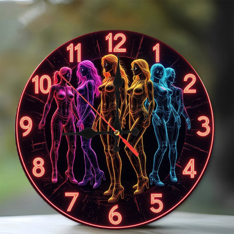 Affichage artistique de silhouettes féminines néon sur horloge