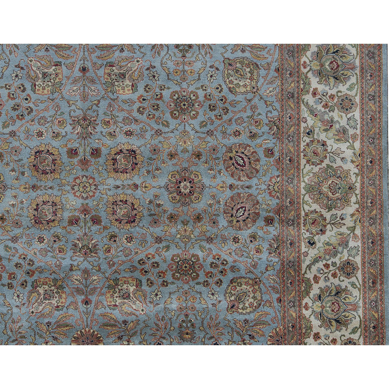 Tapis bleu clair et ivoire noué à la main de haute qualité