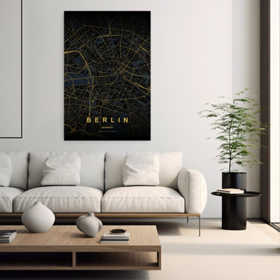 Carte de Berlin dorée abstraite, architecture géométrique élégante, art mural ville