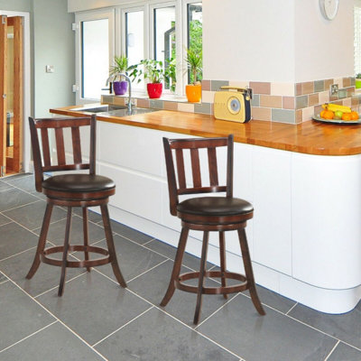 2 Pieces 360 Degree Swivel Wooden Height Bar Stool Set With Cushioned Seat