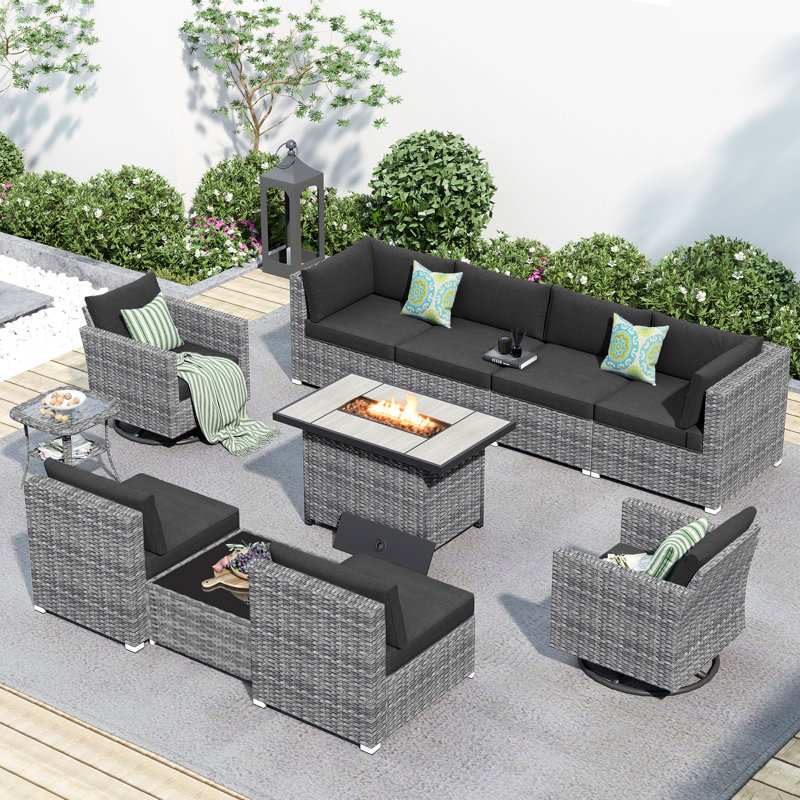 8-Person Outdoor Sectional With Cushions,Swivel Rockers And Fire Pit,All-Weather Wicker Patio Set, Black