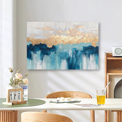 Large Gallery Wrapped Canvas Wall Art Print, Blue And Gold Foil Abstract Artwork for Living Room & Bedroom
