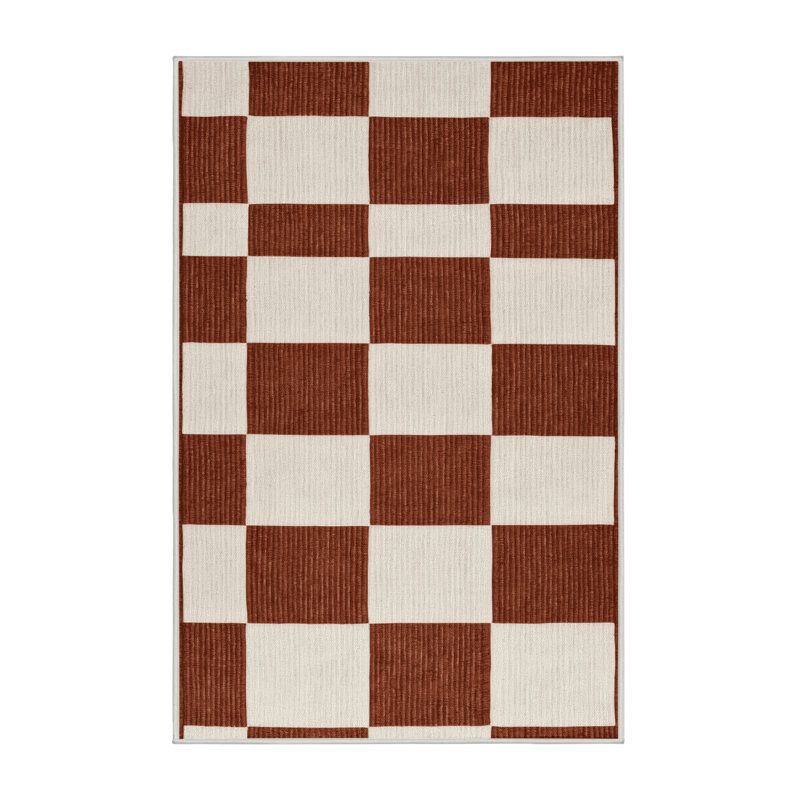 Tapis beige à carreaux lavable à la machine, Rectangle de 5 pi x 8 pi