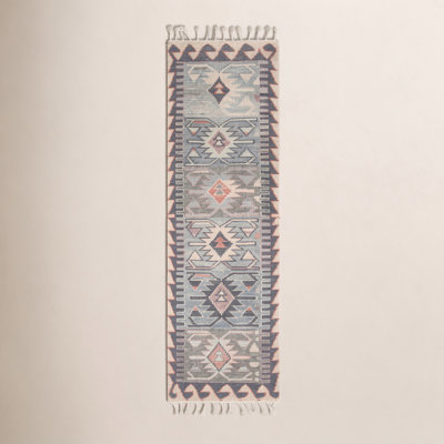Blue Brown Beige Hand-Knotted Wool Rug