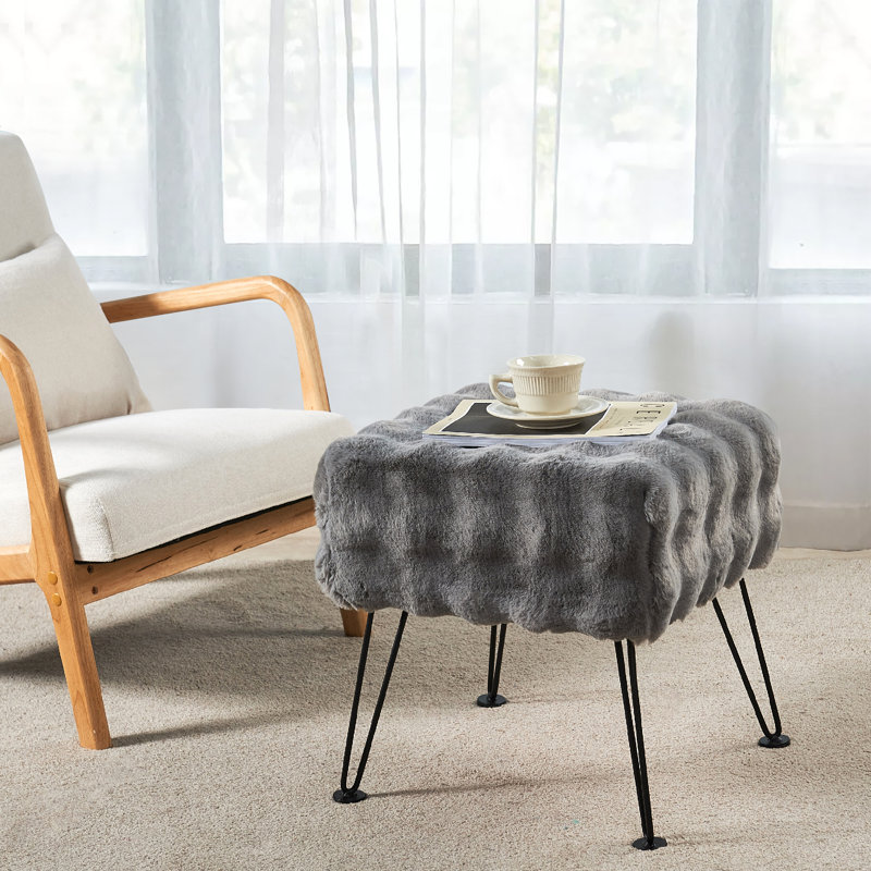 Upholstered Ottoman, Gray Faux Fur