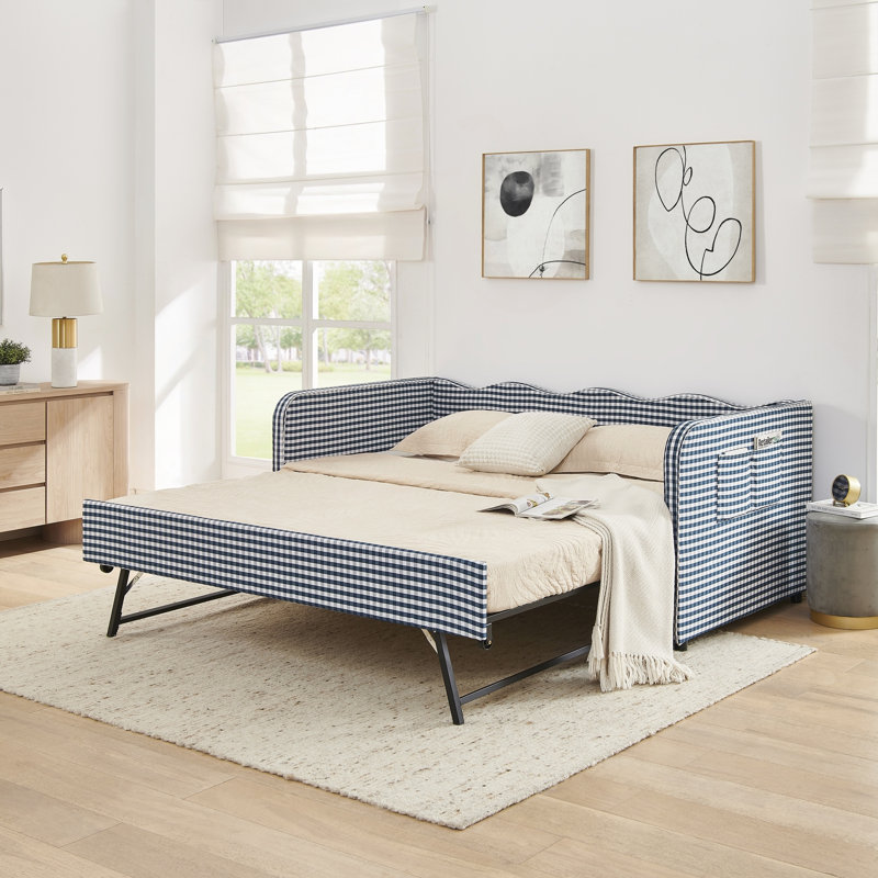 Lit de jour simple, canapé-lit convertible 3 en 1 avec couchette gigogne Gingham, Dark Blue