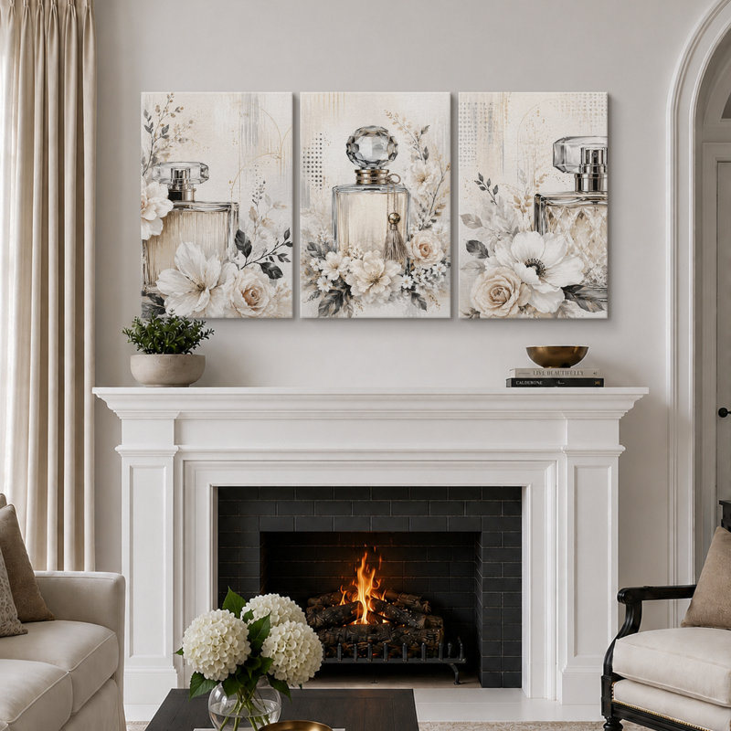 Élégante œuvre de bouteille de parfum floral, 24" H x 48" W x 1.5" D, Wrapped Canvas