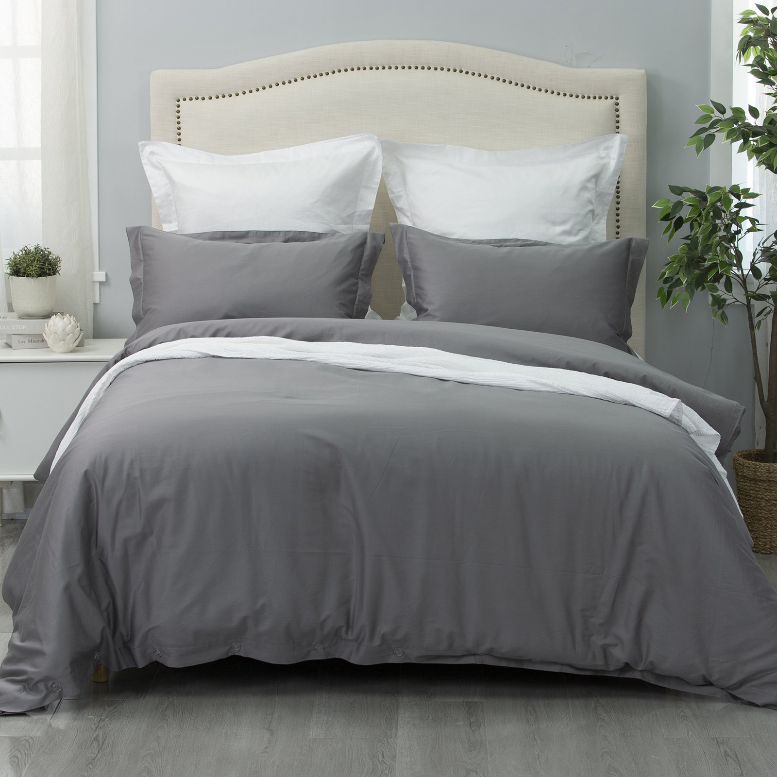 Cotton Sateen Duvet Cover Set, Dark Gray, King Duvet Cover + 2 King Shams
