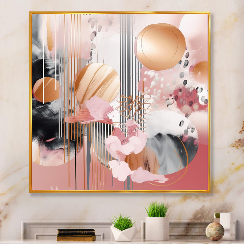«Pink Gold Lines Scenery III - Modern Shapes», art mural transitionnel, H 16 po x l 16 po, Cadre flottant doré