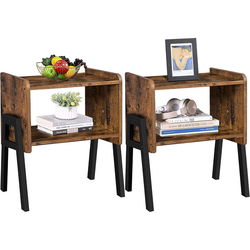 Ensemble de 2 tables de bout empilables, tables de chevet à tablettes de rangement ouvertes, tables d'appoint rustiques brunes pour la chambre à coucher, le salon et le vestibule