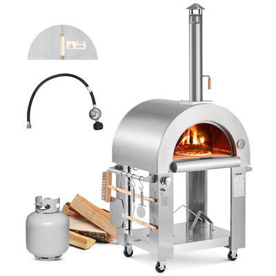 Four à pizza à double carburant pour l'extérieur, four à pizza portatif de 26 po, machine à pizza pour l'extérieur à granules et à gaz avec pierre à pizza en cordiérite épaisse, facile à déplacer avec roulettes, pour le camping et la cour arrière