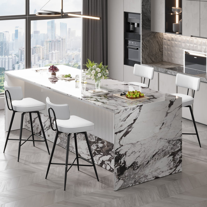 White Leather Swivel Counter Stools with Black Metal Frame, Set of 2