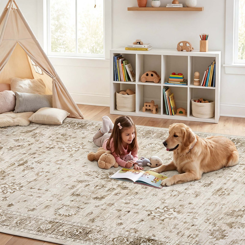 Tapis floral rétro vieilli, Beige, 8 x 10 pi