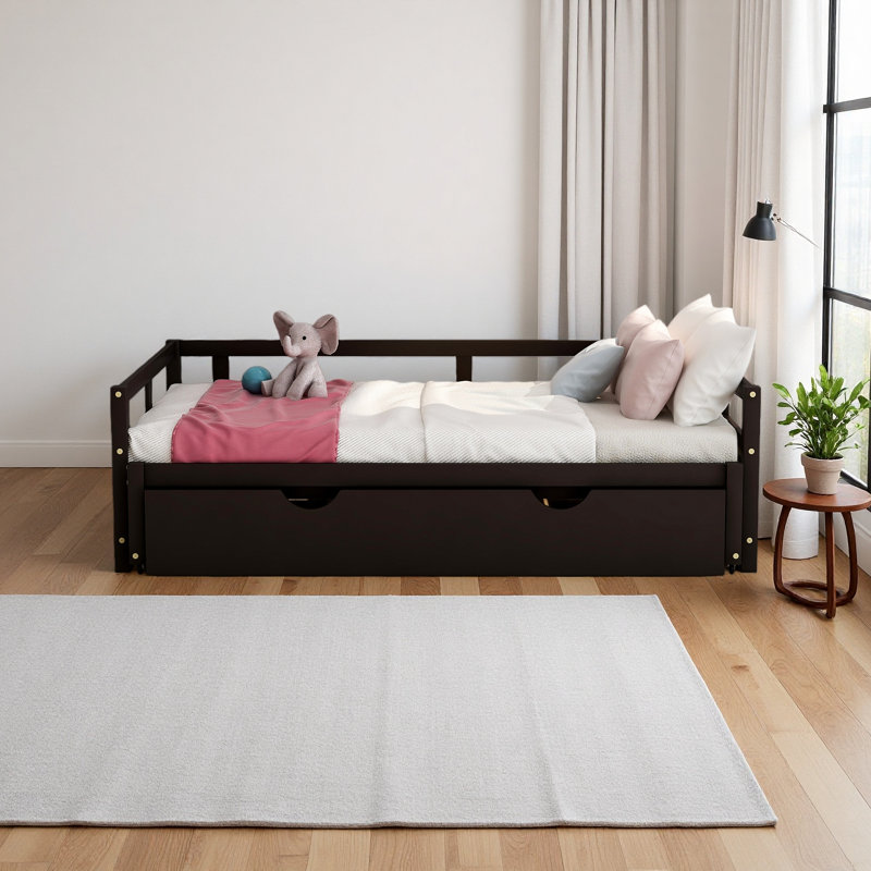 Lit de jour extensible avec couchette, lit de jour en bois avec couchette, Espresso