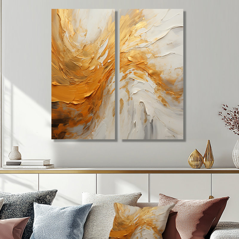 Or et beige, vague douce, peinture I - formes abstraites, art mural, H 20 po x l 24 po, Toile tendue sur cadre