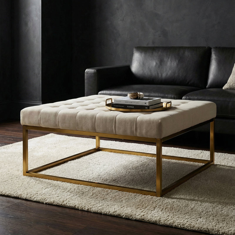 Kibwe Velvet Ottoman, Beige, Gold