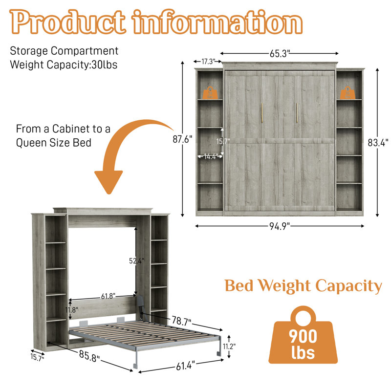 Lit escamotable Murphy avec tablettes de rangement, Gris, Grand lit