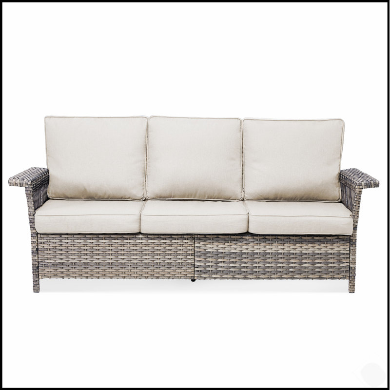 Canapé de patio de 76,7 pouces de largeur en osier résistant aux intempéries avec coussins confortables à haute densité et généreux accoudoirs