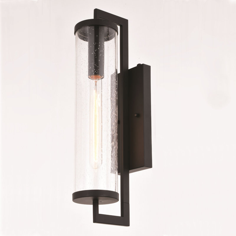 Dunston Natoli 1 - Light Seeded Glass Outdoor Armed Sconce with Dusk to Dawn, 20" H x 4.25" W x 7" D, Matte Black