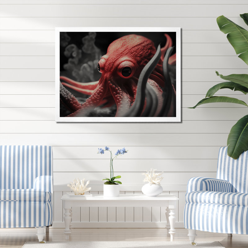 Portrait de pieuvre rouge - photographie, H 16 po x l 32 po x P 1 po, Cadre photo blanc