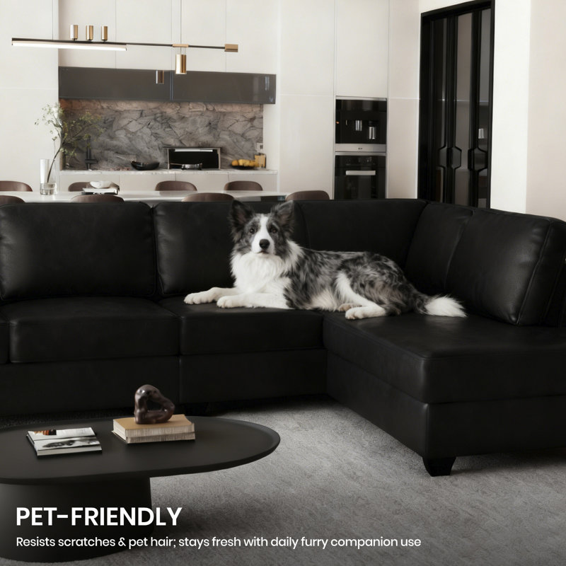 Faux Leather L-Shaped Modular Sectional Sofa, Black Faux Leather, Left Hand Facing
